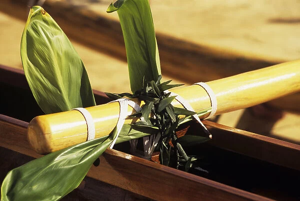 Hawaii, Koa Outrigger Canoe, Detail Of Ti Leaf And Leis Wrapped Around Aku And Fastening