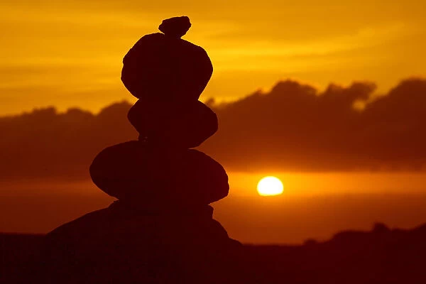 Hawaii, Lanai, Garden Of The Gods, Pile Of Rocks Silhouetted By Dramatic Sunset