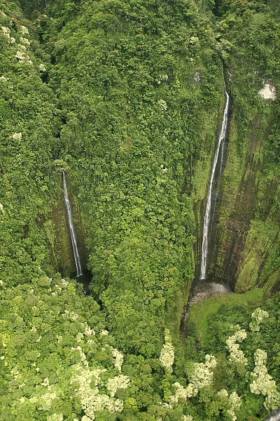 Hawaii, Maui, Hana Coast, Waihiumalu Waterfall, Two Falls, Green And Lush, View From Above