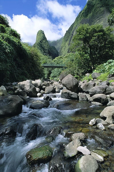 Hawaii, Maui, Iao Needle In Background, Iao Stream Flow Action, Large Rocks A48B