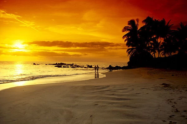 Hawaii, Maui, Makena Beach, Couple Walk Along Beach At Sunset, Above