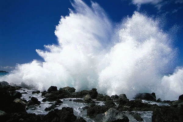 Hawaii, Maui, Makena Coast, Surf Crashing Along Lava Rock Shoreline