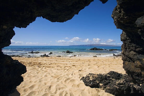 Hawaii, Maui, Makena, View From Secret Beach Of Kahoolawe From Inside Of A Lavatube Cavern