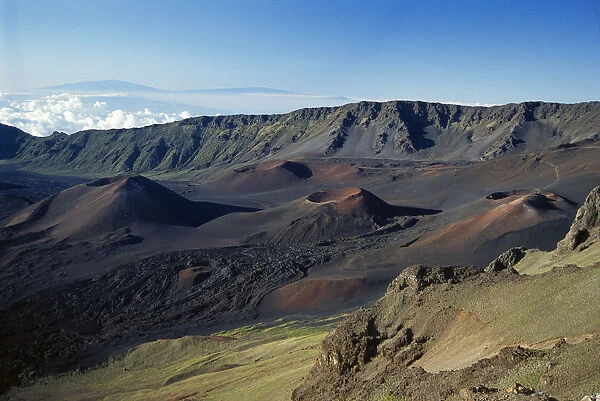 Hawaii, Maui, Overview Of Haleakala Crater, Trails Red Dirt, Blue Sky