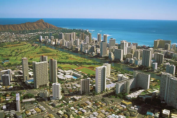 Hawaii, Oahu, Aerial View Of Diamond Head, Waikiki And Golf Course Near Ocean