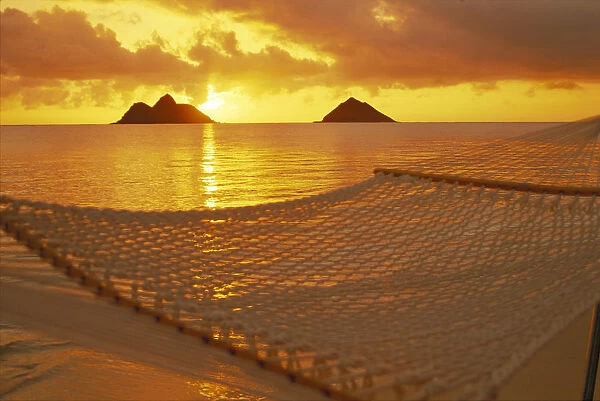 Hawaii, Oahu, Hammock Along Shoreline Sunrise, Mokulua Islands Distance Golden Light