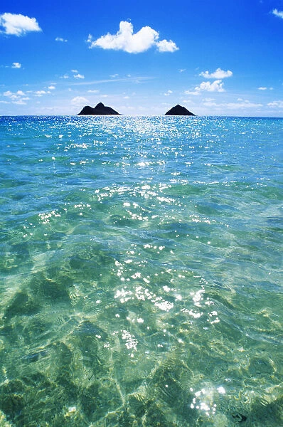 Hawaii, Oahu, Lanikai Beach, View Of Water, Sky, Clouds And Mokulua Islands