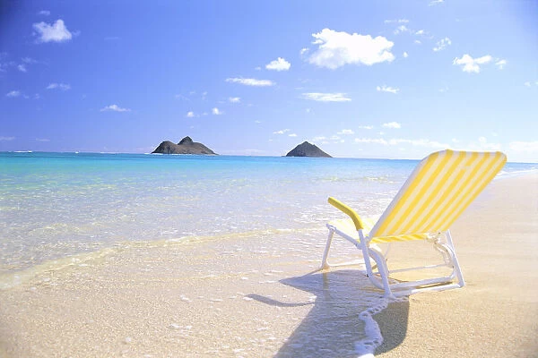 Hawaii, Oahu, Lanikai Beach, Empty Yellow Beach Chair, Clear Shore Water, Blue Sky