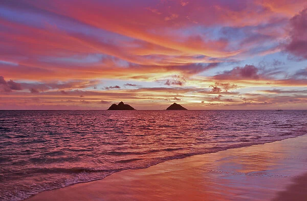 Hawaii, Oahu, Lanikai, A Colorful Pink Sunrise Over The Mokulua Islands