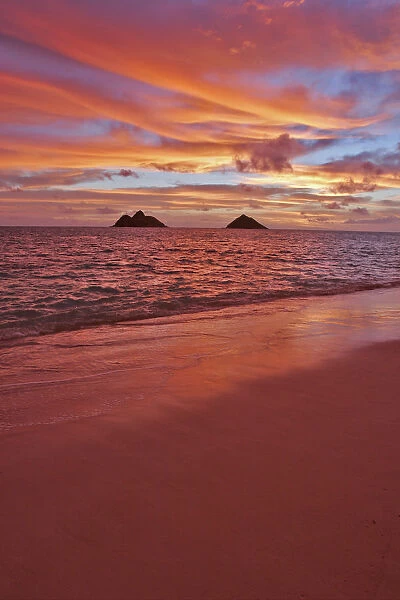 Hawaii, Oahu, Lanikai, A Colorful Pink Sunrise Over The Mokolua Islands