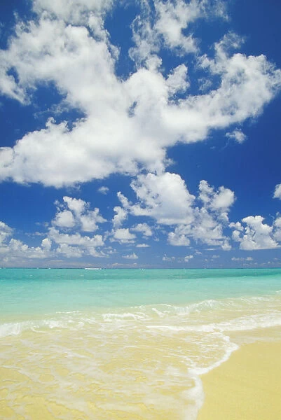Hawaii, Oahu, Lanikai; Gentle Wave Washing Ashore On Beach, Turquoise Water And Blue Sky