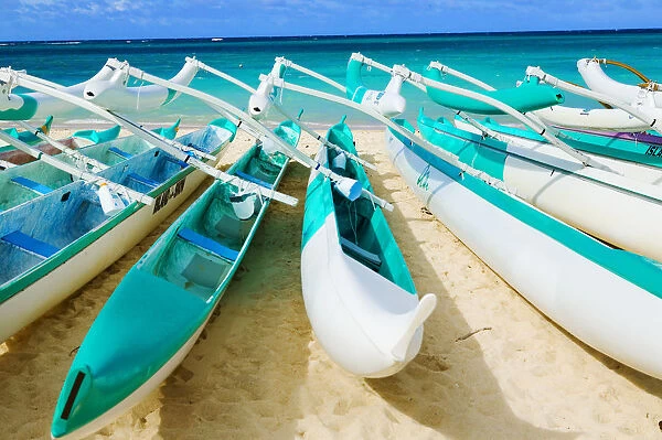 Hawaii, Oahu, Lanikai, Outrigger Canoes Stacked Along The Beach