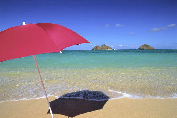 Hawaii, Oahu, Mokulua Islands, Red Umbrella And Shadow On Sand, Turquoise Waters, Blue Sky