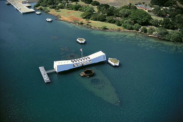 Hawaii, Oahu, Pearl Harbor, Arizona Memorial Aerial View With Ship Visible Below A42A