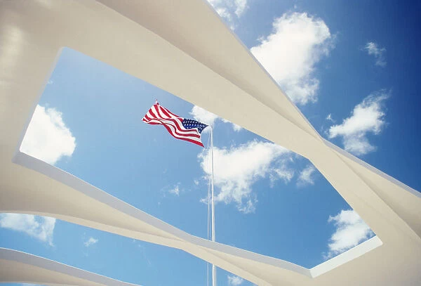 Hawaii, Oahu, Pearl Harbor, Arizona Memorial, Flag Through Top Of Memorial