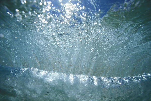 Hawaii, Sunlight Glistening Through A Wave Curl From Underwater