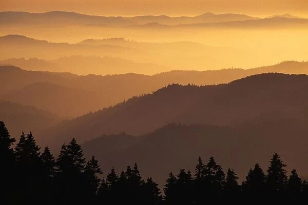 Hazy Ridges Of Trinity Alps At Sunset