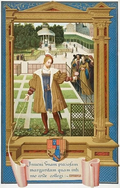 Henri D albret The King Of Navarre 1503 To 1555 Meeting Marguerite 1492 To 1549 In The Gardens Of Alencon After 16Th Century Miniature Attributed To Geoffroy Tory From Science And Literature In The Middle Ages By Paul Lacroix Published London 1878