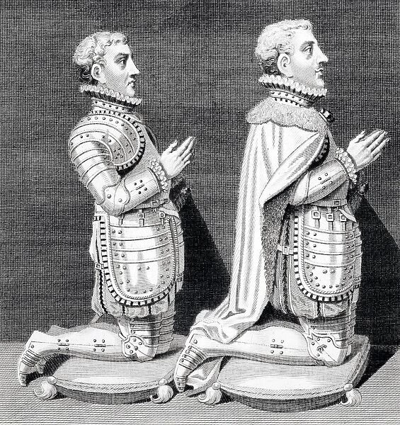 Henry Stuart Lord Darnley Left 1545 To 1567 Second Husband Of Mary Queen Of Scots And Charles Stuart Earl Of Lennox Right 1555 To 1576 Kneeling By Their Mothers Tomb In Westminster Abbey From Iconographia Scotica Or Portraits Of Illustrious Persons Of Scotland By John Pinkerton Published London 1797