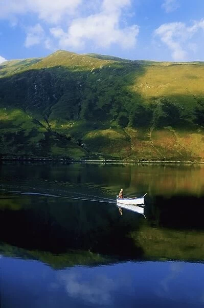 High Angle View Of A Person Boating In A Lake, Killary Harbor, County Galway, Republic Of Ireland