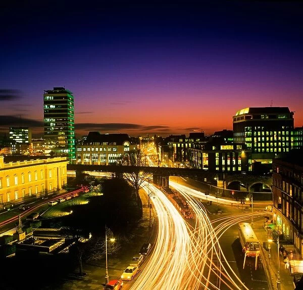 High Angle View Of Traffic Moving In A City At Dusk, Dublin, Republic Of Ireland