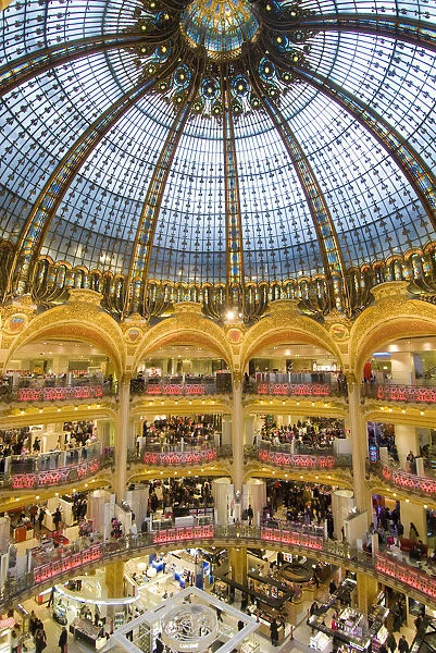 High View Of The Domed Central Area Of Galeries Lafayette, Looking Down On Shoppers, Paris, France