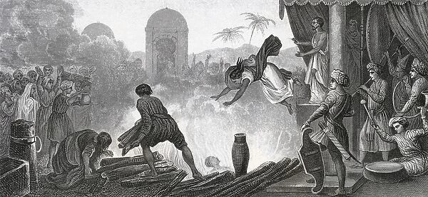 A Hindu Widow Committing Sati, Jumping Into The Flames To Join The Remains Of Her Husband. From A 19Th Century Engraving