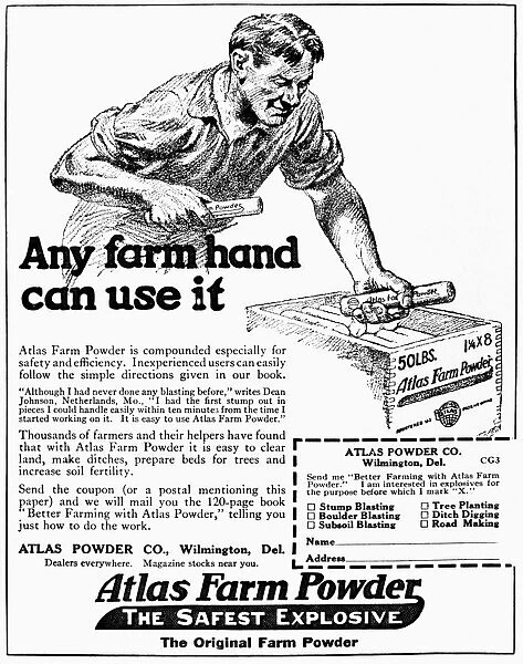Historic Advertisement Of Atlas Farm Powder 'the Safest Explosive'With Illustration Of Farmer Handling Sticks Of Explosive Powder From The Early 20th Century