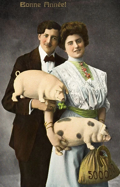 Historic Illustration Of Couple Holding Pigs And Bag Of Money With Text 'bonne Annee!'from 19th Century