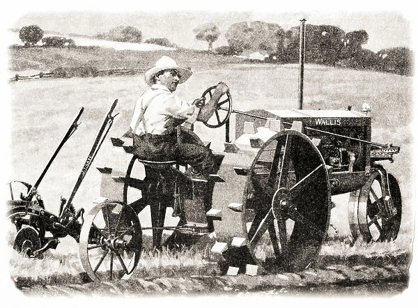 Historic Illustration Of Farmer Riding A Wallis Tractor From Early 20th Century