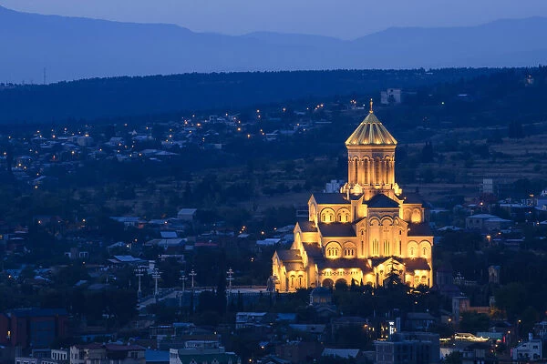 Holy Trinity Orthodox Cathedral in Tbilisi, Georgia lit up at night