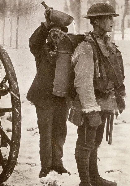 The Hot Soup Man. In World War One A British Soldier Waiting For His Cannister To Be Filled Before Taking Hot Soup To Troops In The Trenches. From The Year 1917 Illustrated, Published London 1918