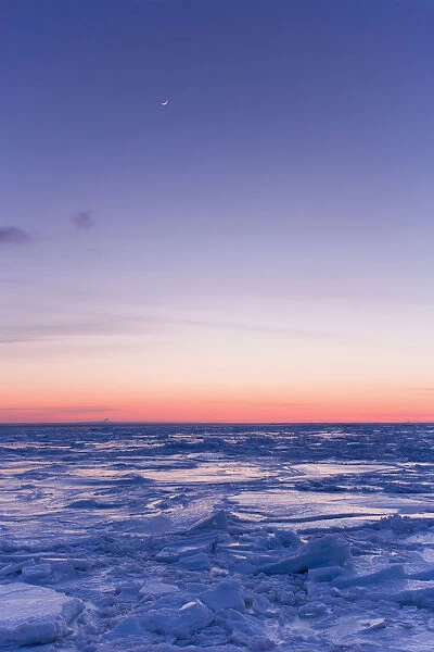 Ice Floe And Moon At Twilight, Gaspesie Region, Bonaventure, Quebec