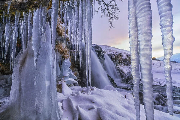Icicles Have Formed In Front Of Gullfoss Waterfall; Vik, Iceland