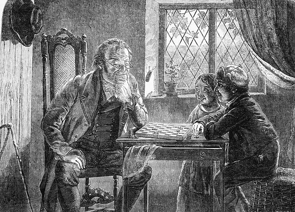 The Illustrated London News Etching From 1835. illustration Of An Old Man Playing Chess Against Two Children In Their Home