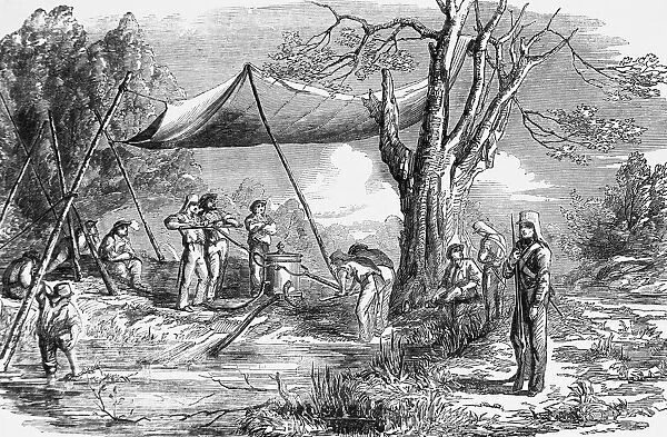 The Illustrated London News Etching From 1853watering Party At Bassein Creek During The Burmese War