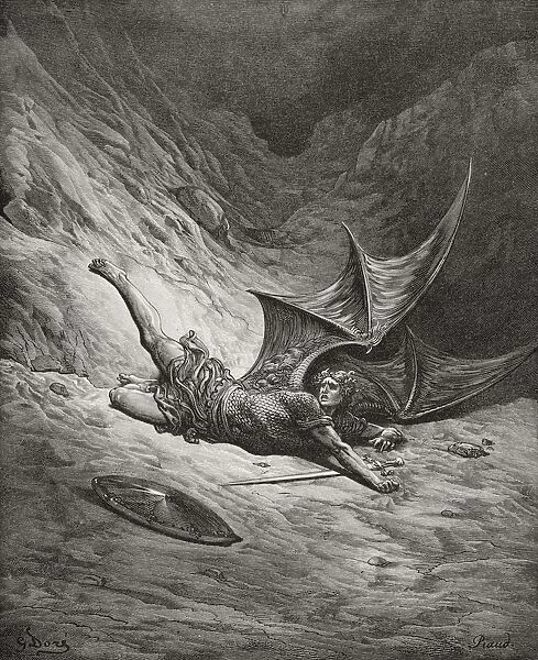 Illustration By Gustave Dore 1832-1883 French Artist And Illustrator For Paradise Lost By John Milton Book Vi Lines 327 And 328. Satan Smitten By The Archangel Michael