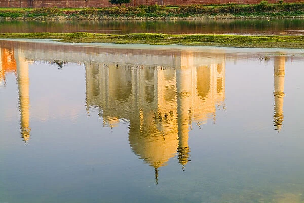 India, Agra, Taj Mahal, Temple Reflection At Sunset On Yamuna River