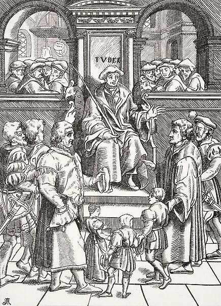 Inferior Court In The Great Bailiwick. Adoption Of Orphan Children. Copy Of Woodcut In J. DamhoudereA┼¢S Refuge Et Garand Des Pupilles Orphelins Published 1557