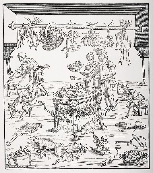 Interior Of Italian Kitchen. 19Th Century Reproduction Of Woodcut From Book About The Cooking Of Christoforo Di Messisburgo Called Banchetti Compositioni Di Vivende Published Ferrara 1549