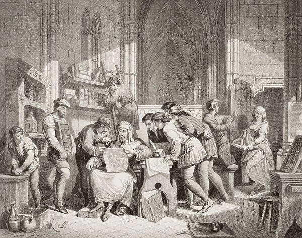 Introduction Of The Art Of Printing. Caxton Reading The First Proof Sheet From His Printing Press, In The Almonary, Westminster Abbey, March 1474. Engraved By W. Ridgway After E. H. Wenhert. From The Book 'Illustrations Of English And Scottish History'Volume 1