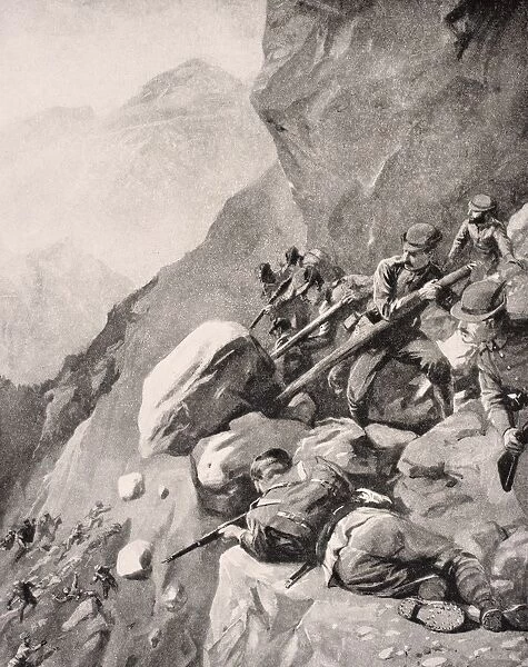 Italian Troops Levering Boulders Down Onto Enemy Soldiers In The Dolomites 1915 From The War Illustrated Album Deluxe Published London 1916
