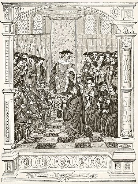 Jean Le Feron, Learned French Heraldic Scholar, 1504 - 1570, Presents One Of His Works To King Henry Ii. After A Miniature From The Blason D armoiries, By Jehan Le Feron. From Science And Literature In The Middle Ages By Paul Lacroix Published London 1878