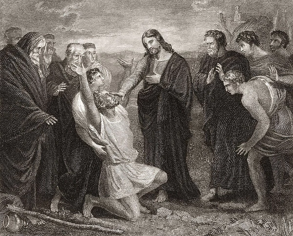 Jesus Healing The Blind. From A 19th Century Print