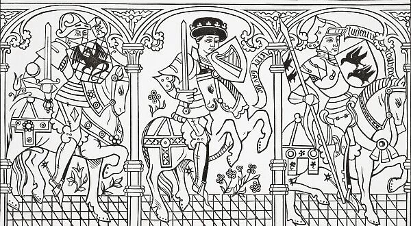 Joshua, King David And Judas Maccabaeus. After A Series Of Ancient Engravings Representing The Nine Heroes Of Sacred, Ancient And Modern History, Who Figure In The Romance Le Triomphe Des Neuf Preux. From Science And Literature In The Middle Ages By Paul Lacroix Published London 1878