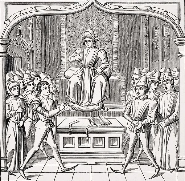 The Judicial Duel. The Plaintiff Opening His Case Before The Judge. Copy Of Miniature In 15Th Century Manuscript Ceremonies Des Gages Des Batailles