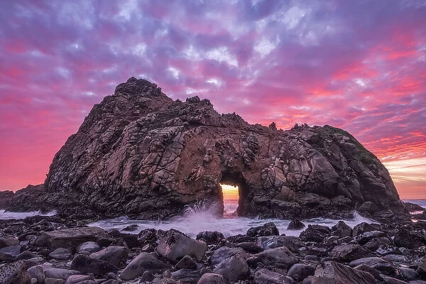 Keyhole Rock at sunset, Pfeiffer Beach which is along the Big Sur coast of California, USA
