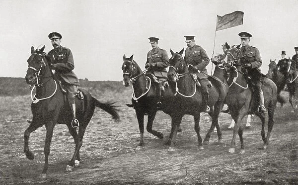 King George V And Lord Kitchener Arriving At The Parade Ground Near Aldershot For An Inspection Of Irish Soldiers. Field Marshal Horatio Herbert Kitchener, 1st Earl Kitchener, 1850