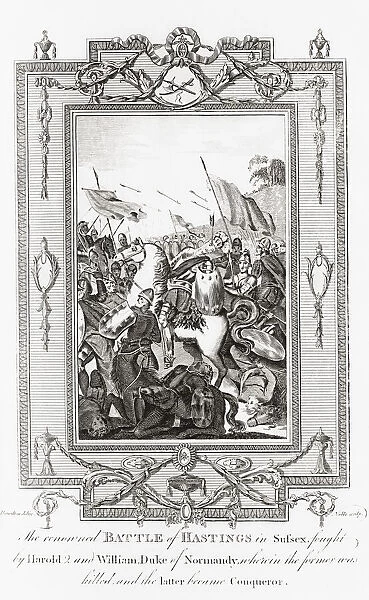 King Harold of England is fatally wounded in the eye by an arrow during the Battle of Hastings, October 14, 1066 against William, the Duke of Normandy. Engraving from The New, Impartial and Complete History of England by Edward Barnard, published in London 1783