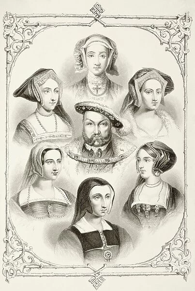 King Henry Viii Of England And His Six Wives. From Top Centre And Clockwise Anne Of Cleves, Catherine Howard, Anne Boleyn, Catherine Of Aragon, Catherine Parr And Jane Seymour. From The National And Domestic History Of England By William Aubrey Published London Circa 1890